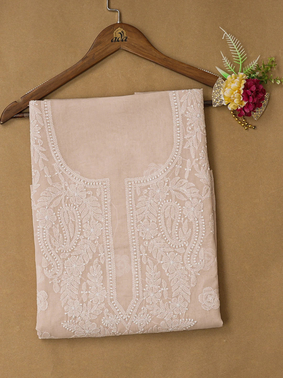 Ada Hand Embroidered Almond Brown Cotton Lucknowi Chikankari Unstitched Kurta Piece 01A734434