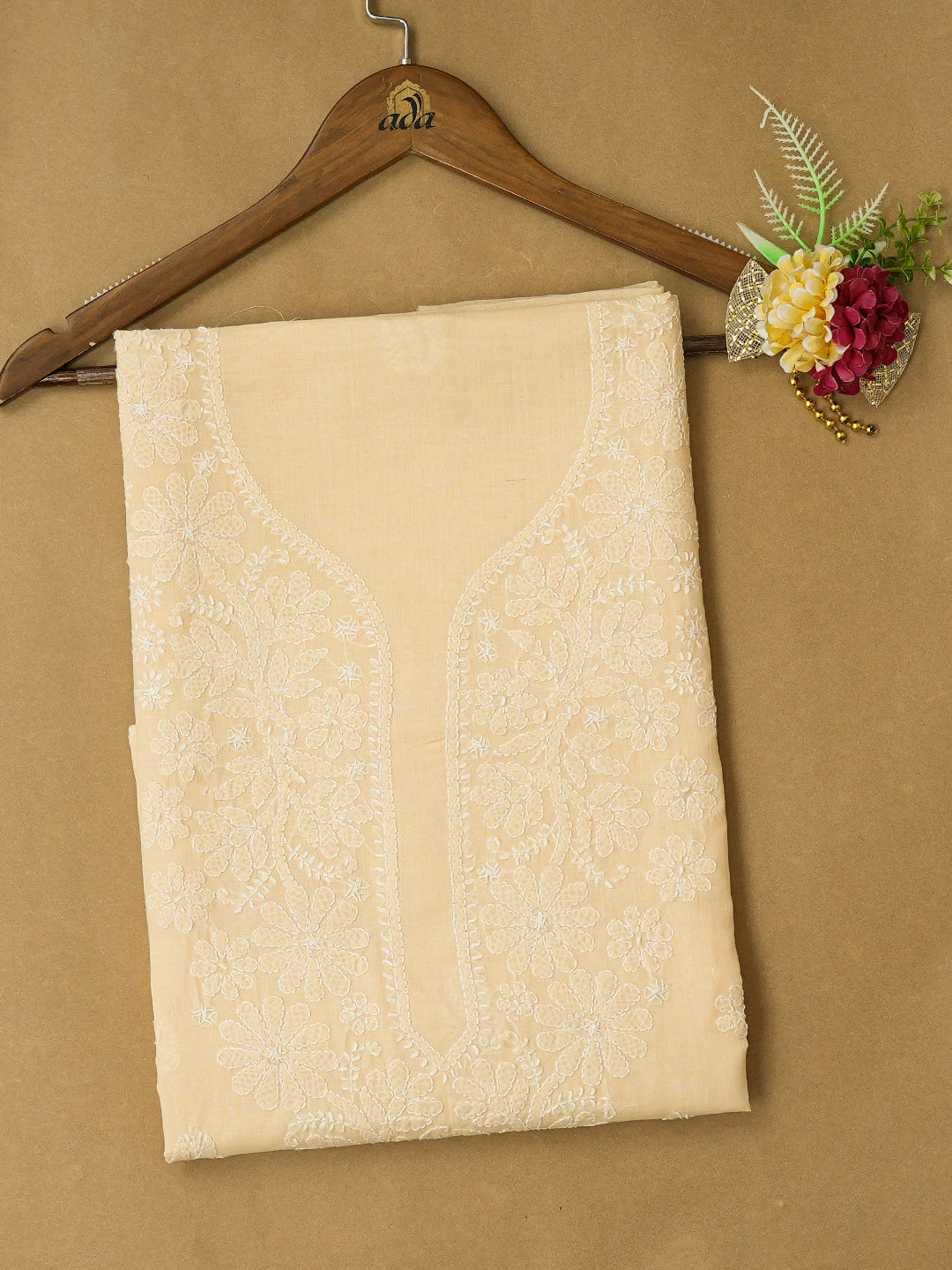 Ada Hand Embroidered Beige Cotton Lucknowi Chikankari Unstitched Kurta Piece 01A725154