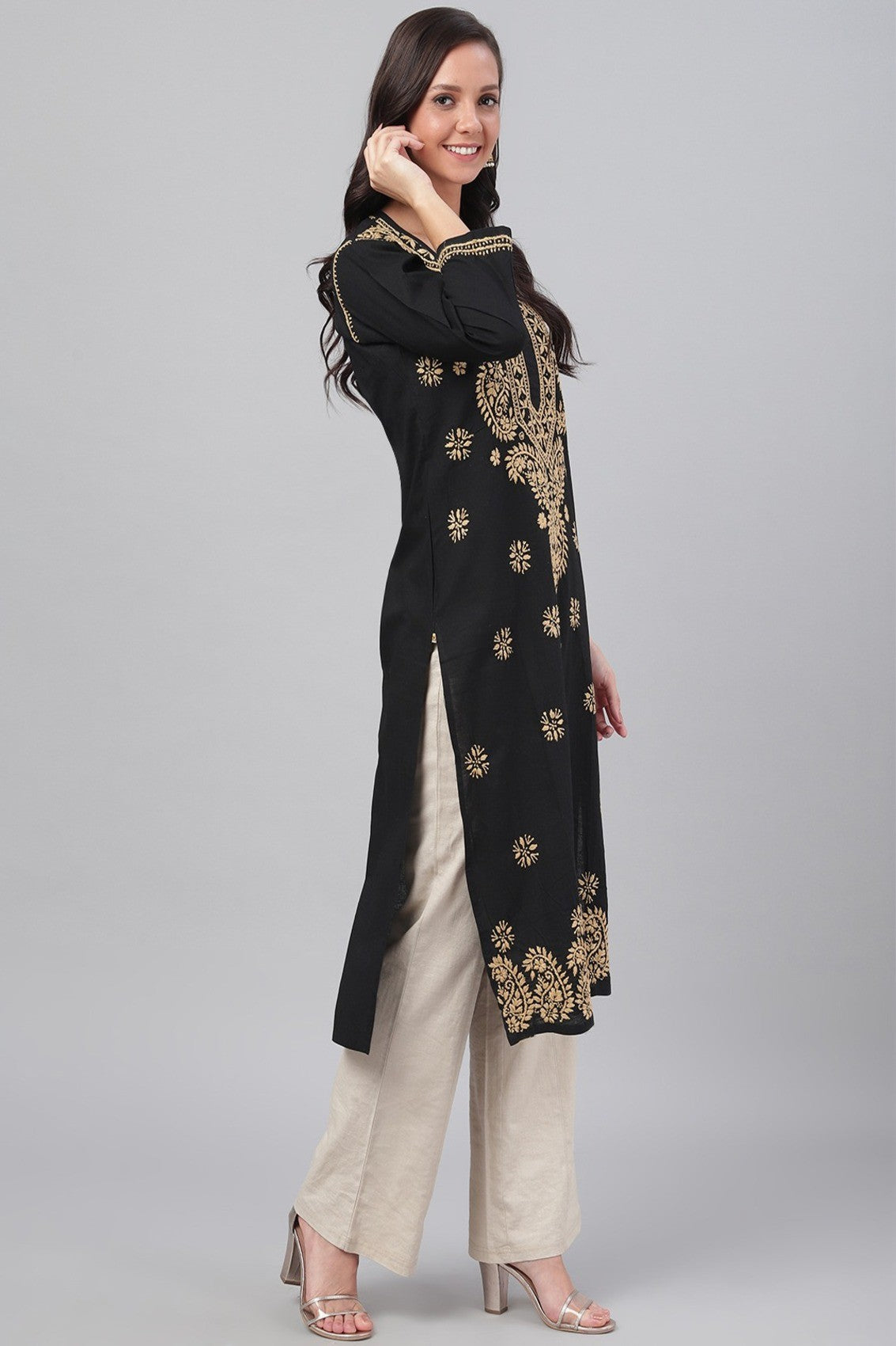 Ada Hand Embroidered Black Cotton Lucknowi Chikankari Straight Kurta A207632