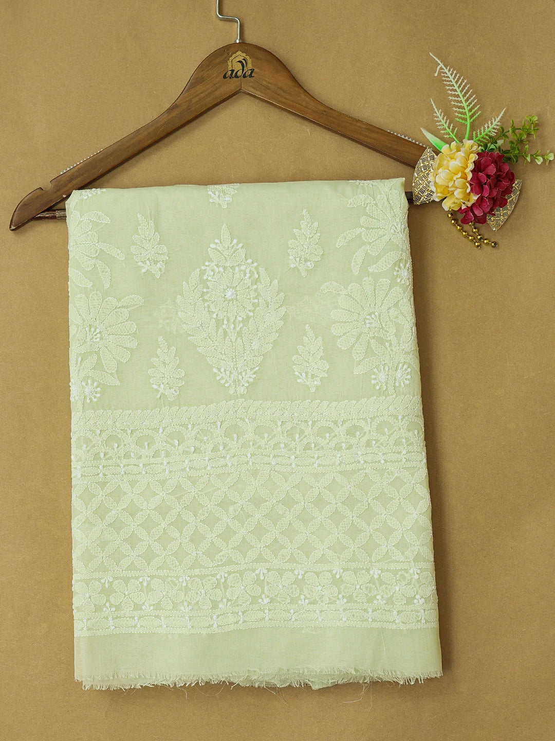 Ada Hand Embroidered Pastel Green Cotton Lucknowi Chikankari Unstitched Kurta Piece 01A734438