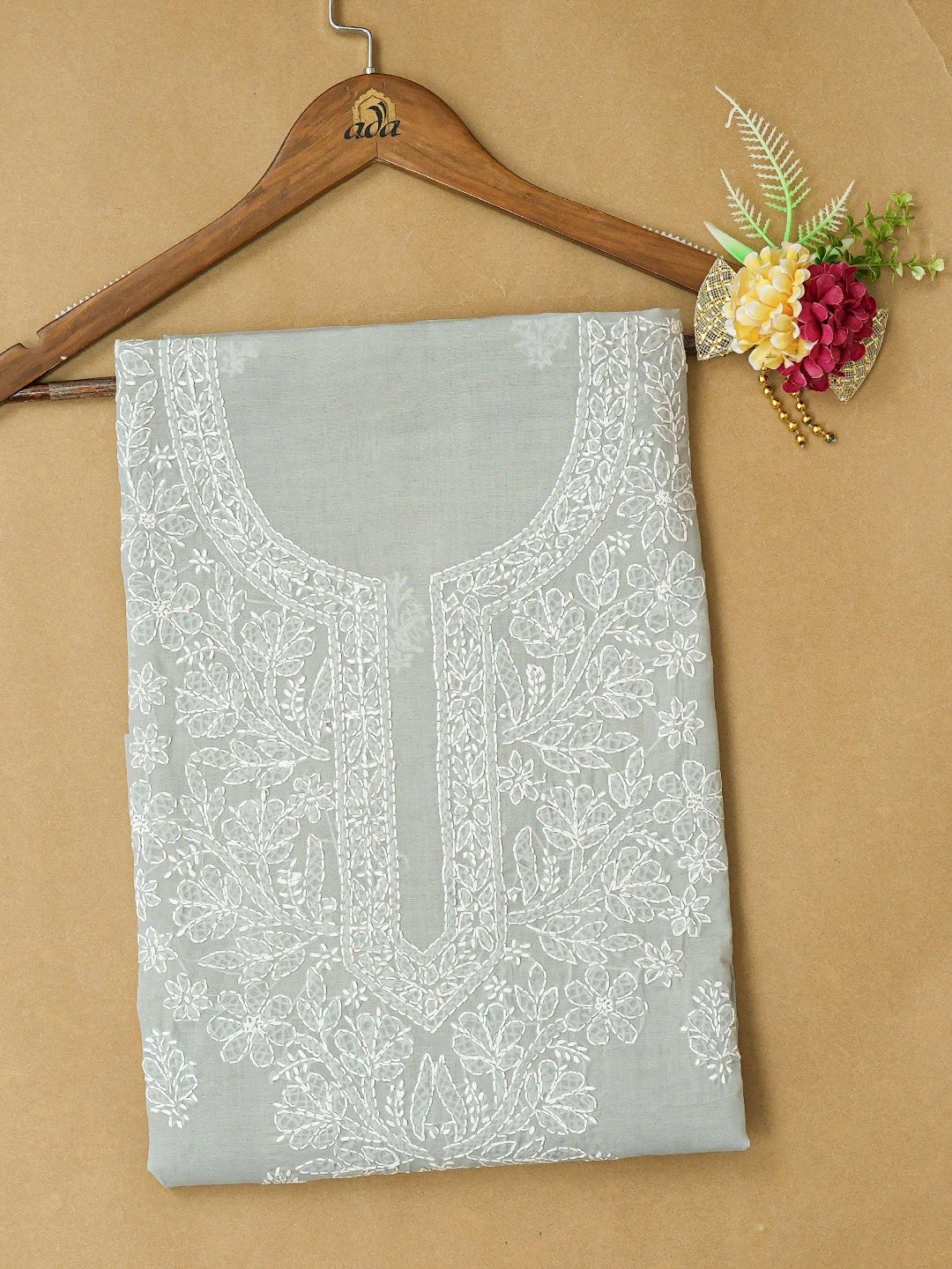 Ada Hand Embroidered Grey Cotton Lucknowi Chikankari Unstitched Kurta Piece 01A712101