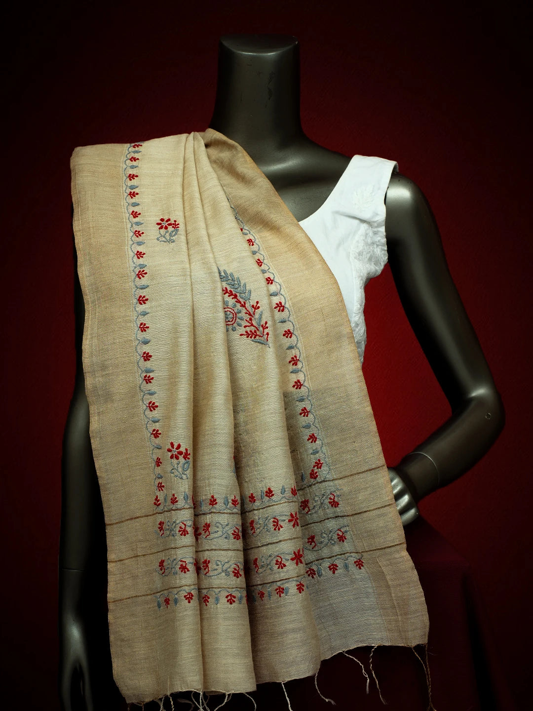 Ada Hand Embroidered Fawn Silk Lucknowi Chikankari Dupatta With Zari Work 01A256241