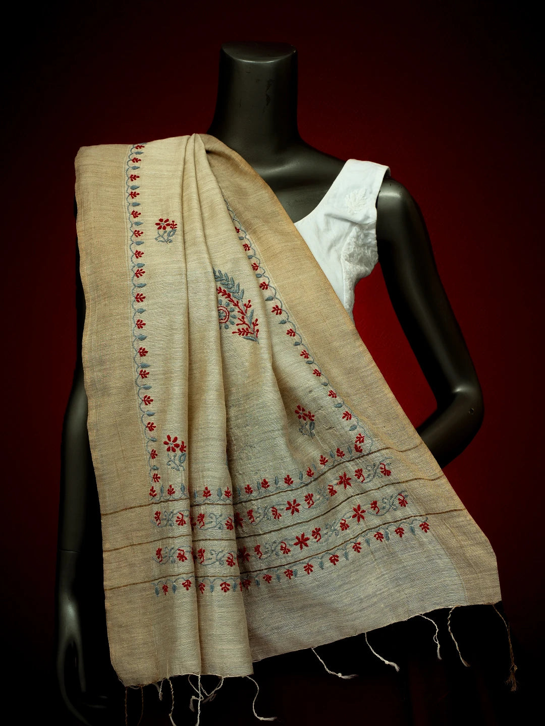 Ada Hand Embroidered Fawn Silk Lucknowi Chikankari Dupatta With Zari Work 01A256241