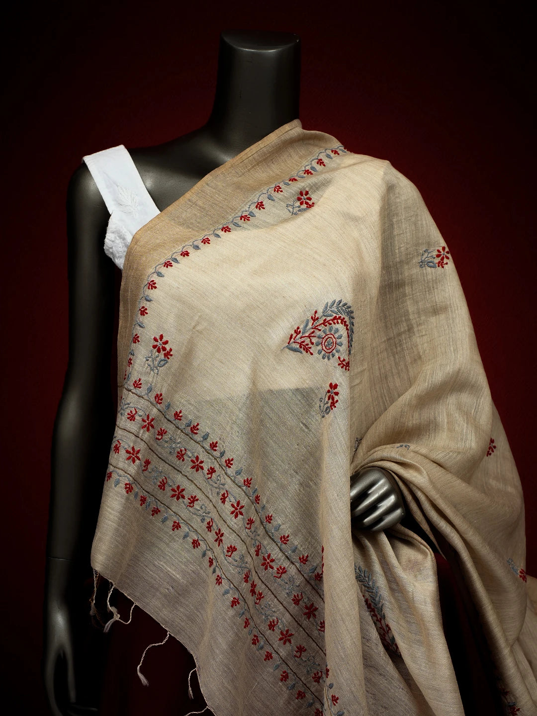 Ada Hand Embroidered Fawn Silk Lucknowi Chikankari Dupatta With Zari Work 01A256241