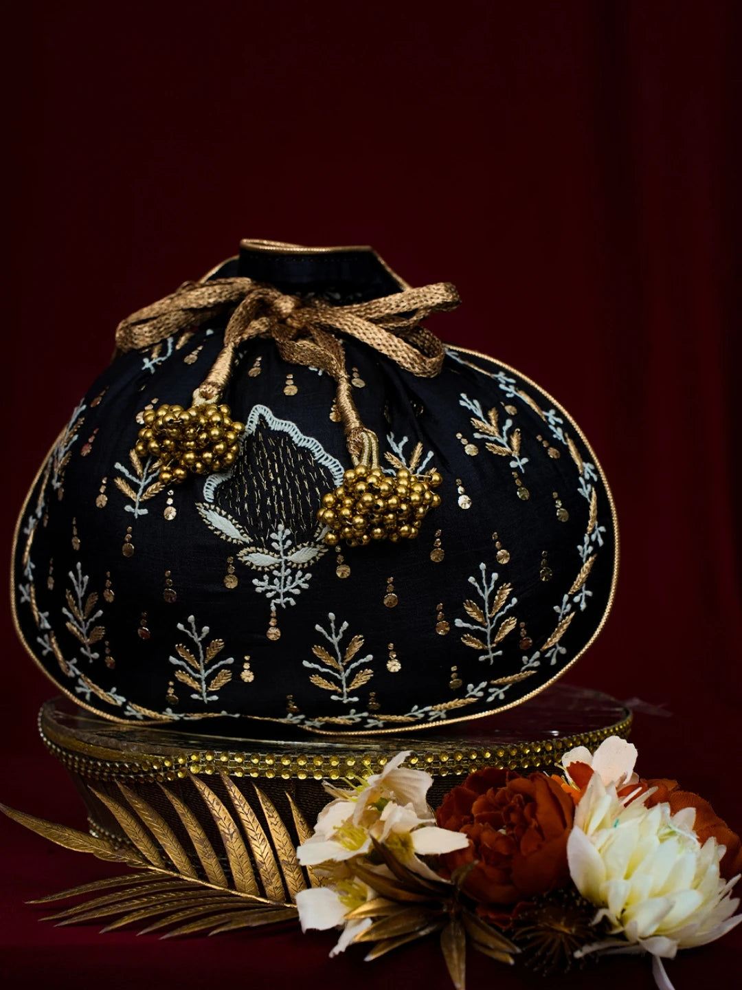 Ada Hand Embroidered Black Silk Lucknowi Chikankari Potli Bag With Muqaish Work 01A725568