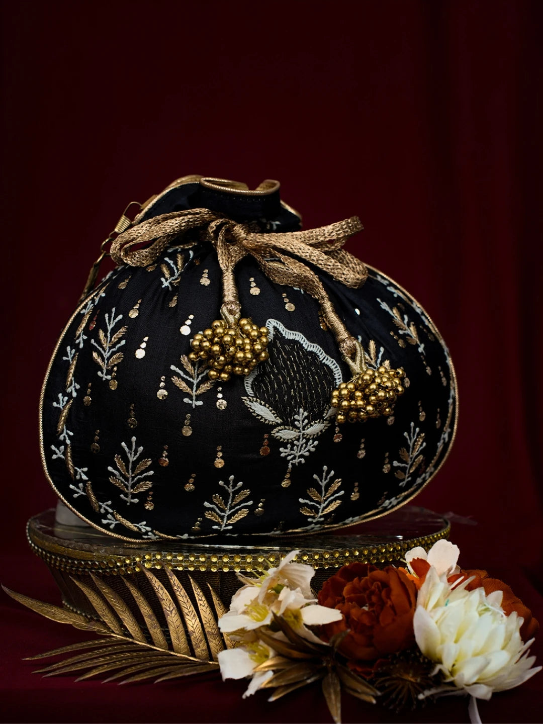 Ada Hand Embroidered Black Silk Lucknowi Chikankari Potli Bag With Muqaish Work 01A725568