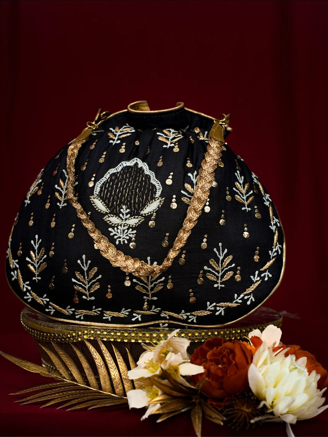 Ada Hand Embroidered Black Silk Lucknowi Chikankari Potli Bag With Muqaish Work 01A725568