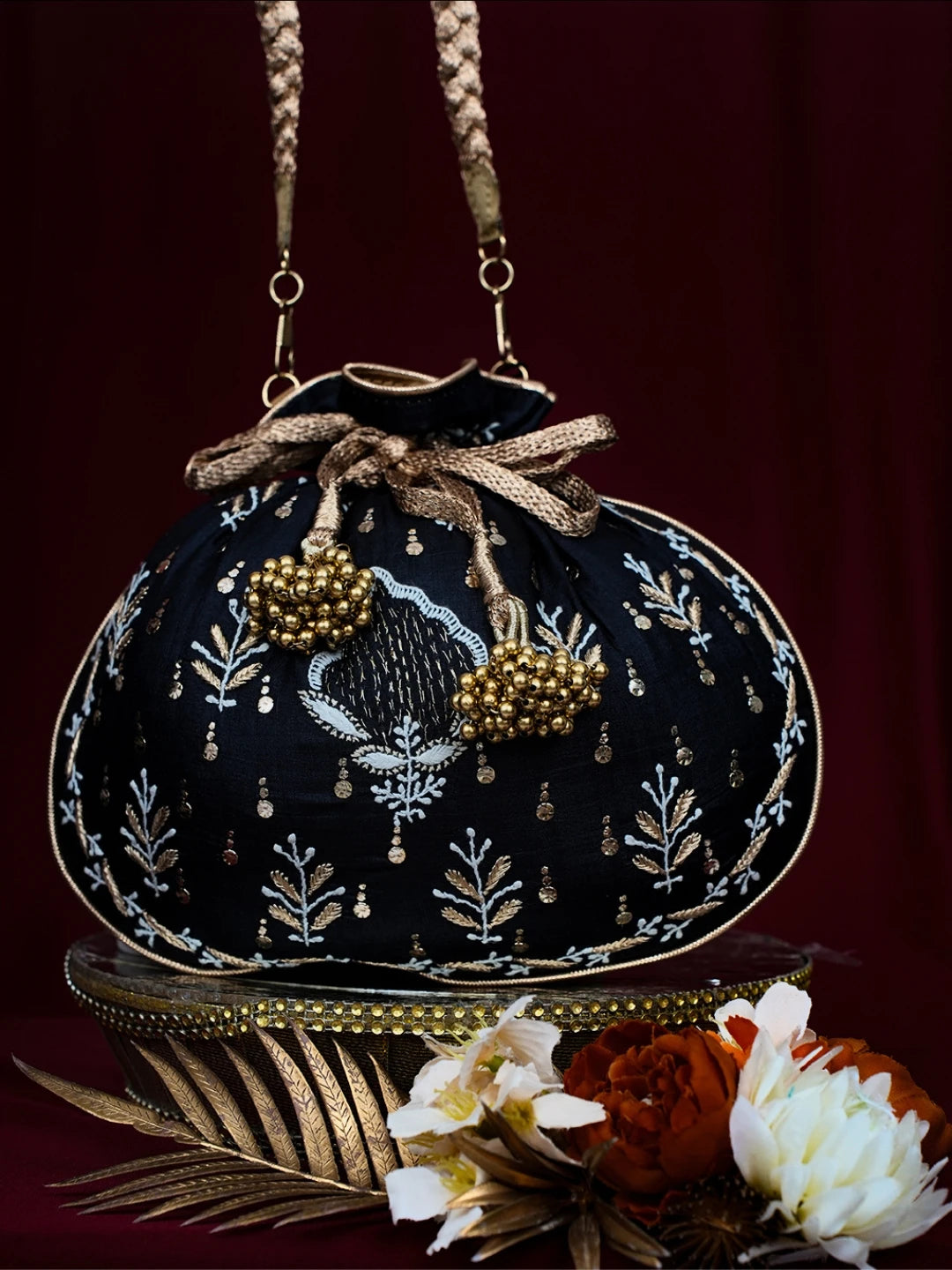 Ada Hand Embroidered Black Silk Lucknowi Chikankari Potli Bag With Muqaish Work 01A725568