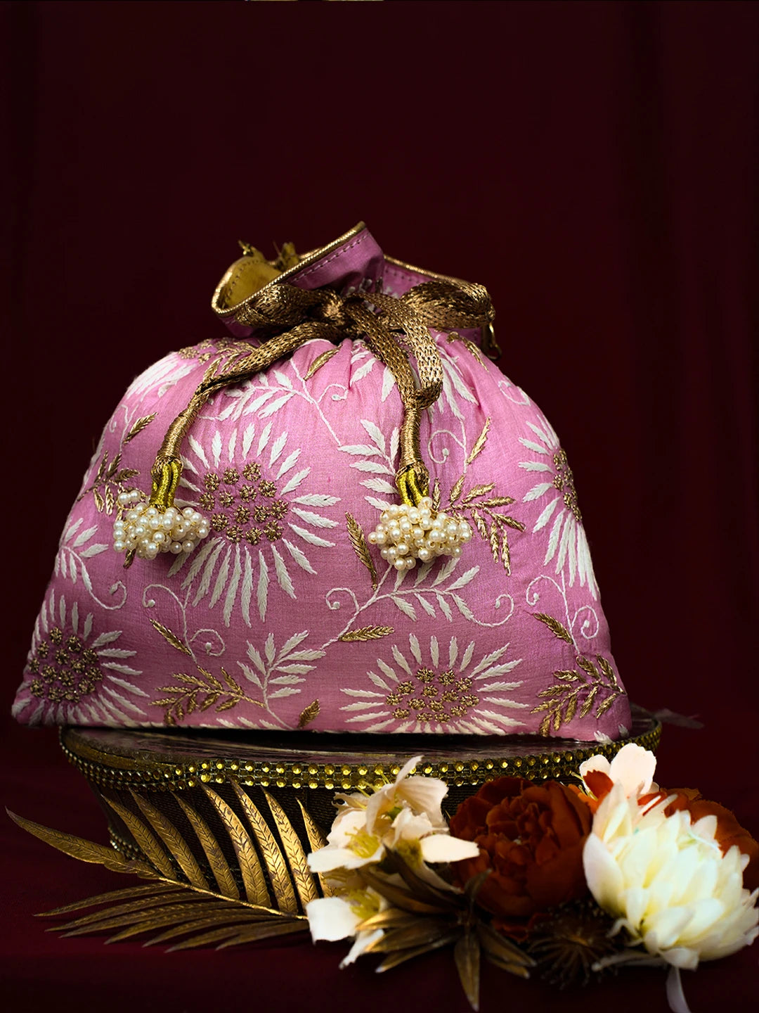 Ada Hand Embroidered Pink Silk Lucknowi Chikankari Potli Bag With Zari Work 01A725670