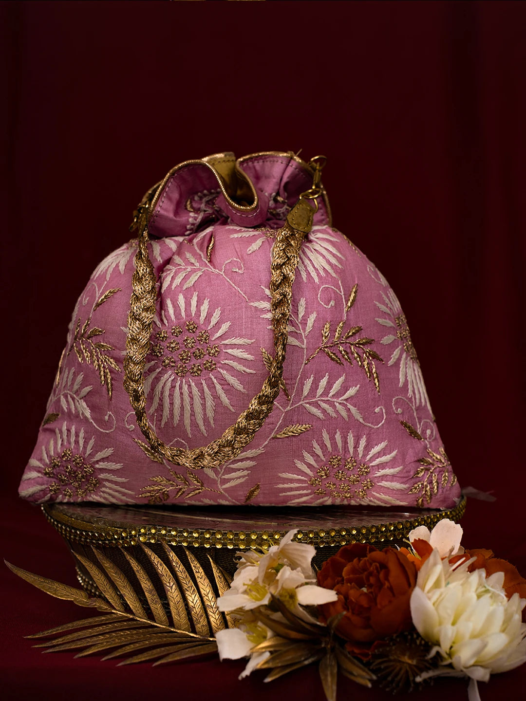 Ada Hand Embroidered Pink Silk Lucknowi Chikankari Potli Bag With Zari Work 01A725670