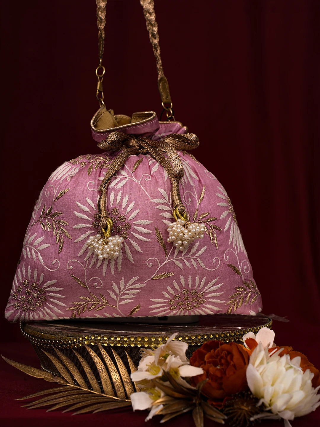 Ada Hand Embroidered Pink Silk Lucknowi Chikankari Potli Bag With Zari Work 01A725670