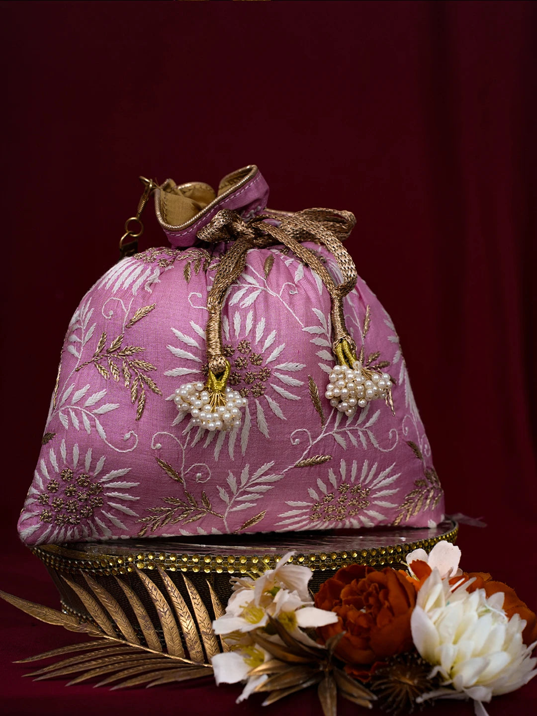 Ada Hand Embroidered Pink Silk Lucknowi Chikankari Potli Bag With Zari Work 01A725670
