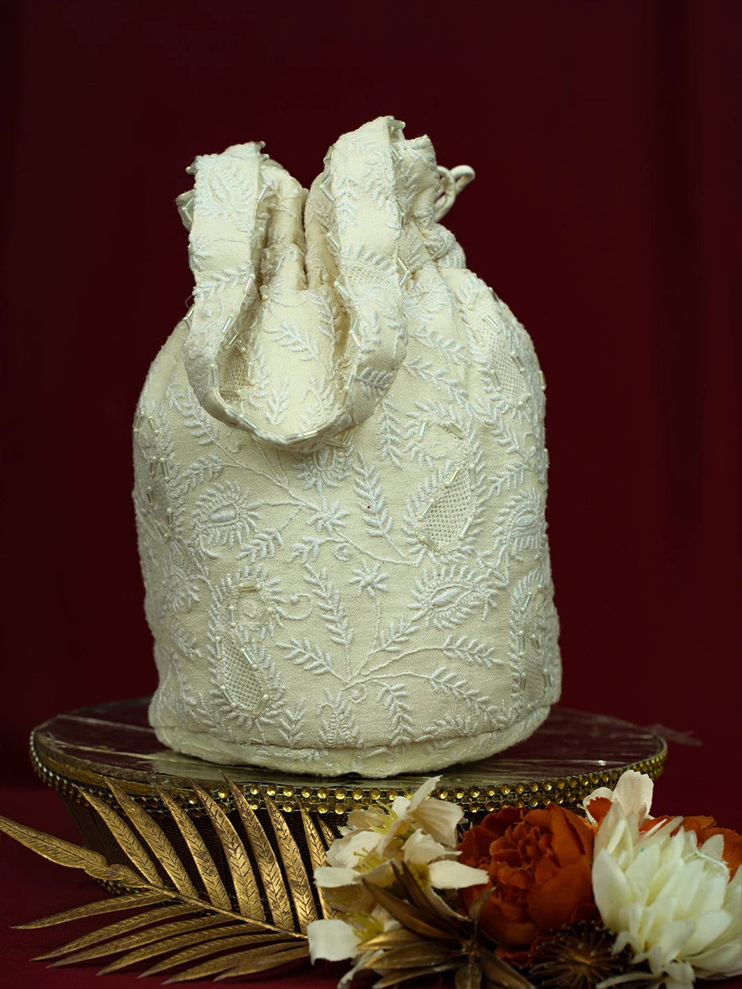 Ada Hand Embroidered White Pure Georgette Lucknowi Chikankari Potli Bag With Cutdana Work 01A728870