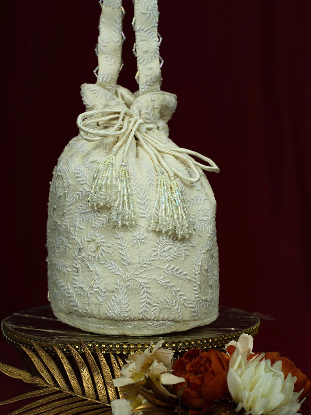Ada Hand Embroidered White Pure Georgette Lucknowi Chikankari Potli Bag With Cutdana Work 01A728870