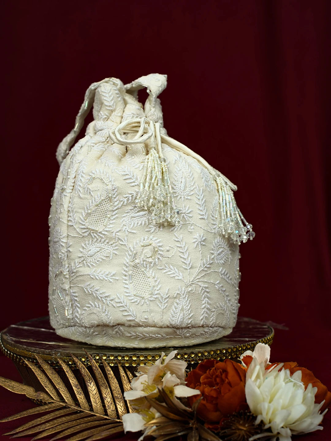 Ada Hand Embroidered White Pure Georgette Lucknowi Chikankari Potli Bag With Cutdana Work 01A728870