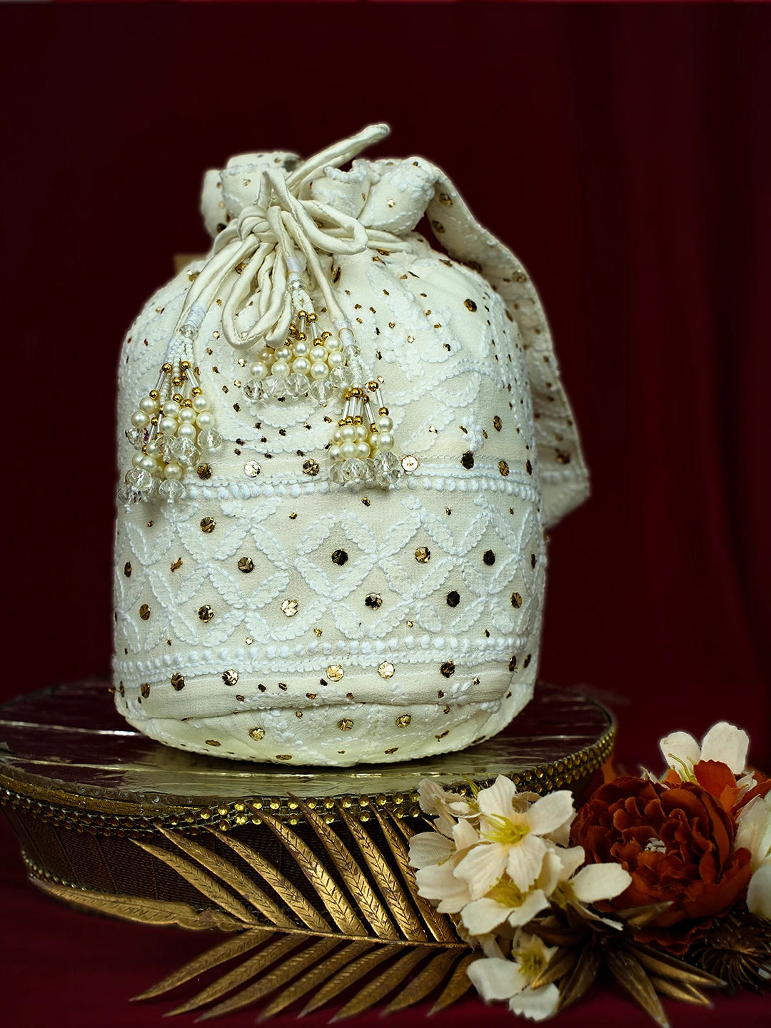 Ada Hand Embroidered White Viscose Georgette Lucknowi Chikankari Potli Bag With Mukaish Work 01A728859