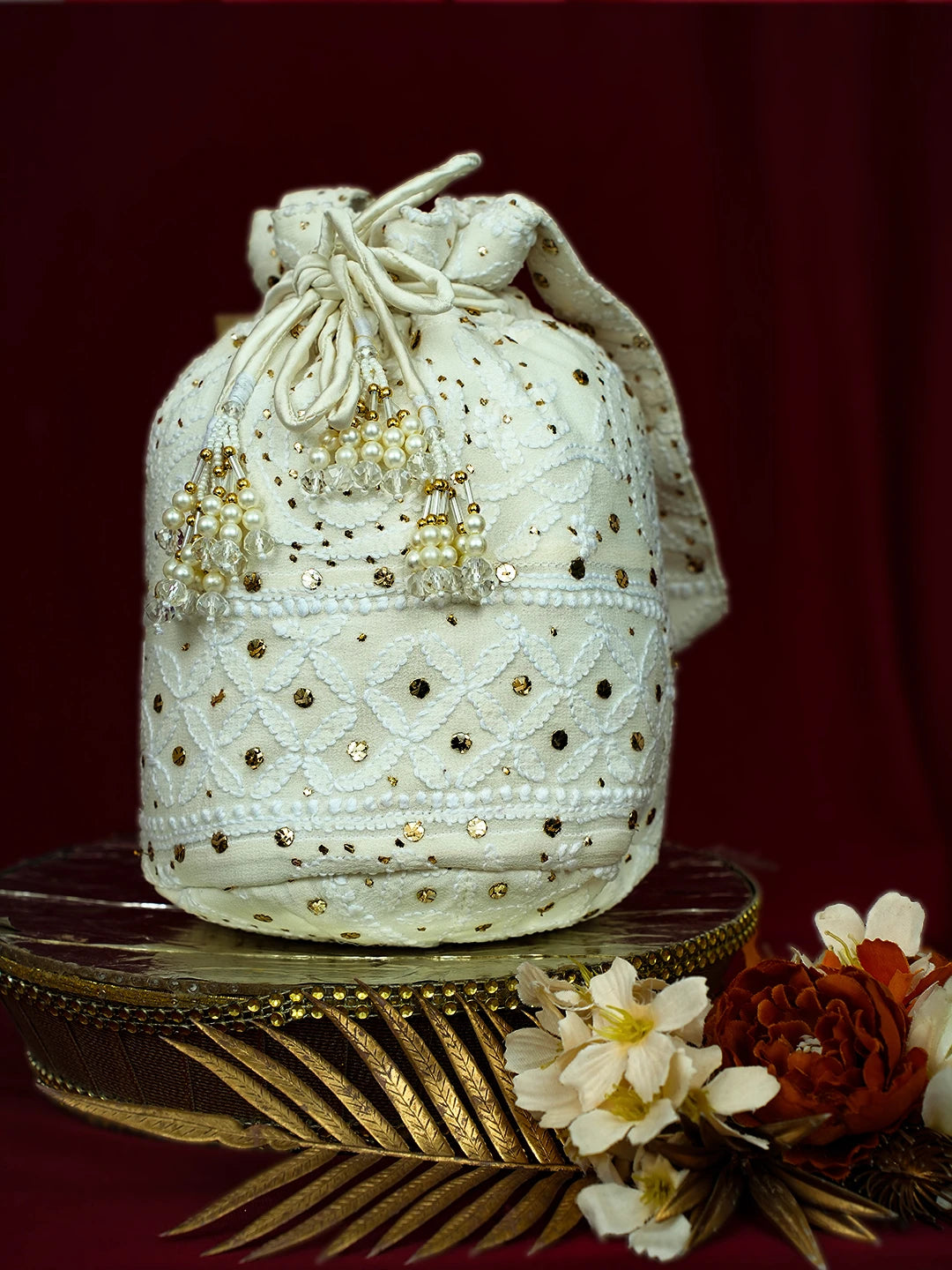 Ada Hand Embroidered White Viscose Georgette Lucknowi Chikankari Potli Bag With Mukaish Work 01A728859