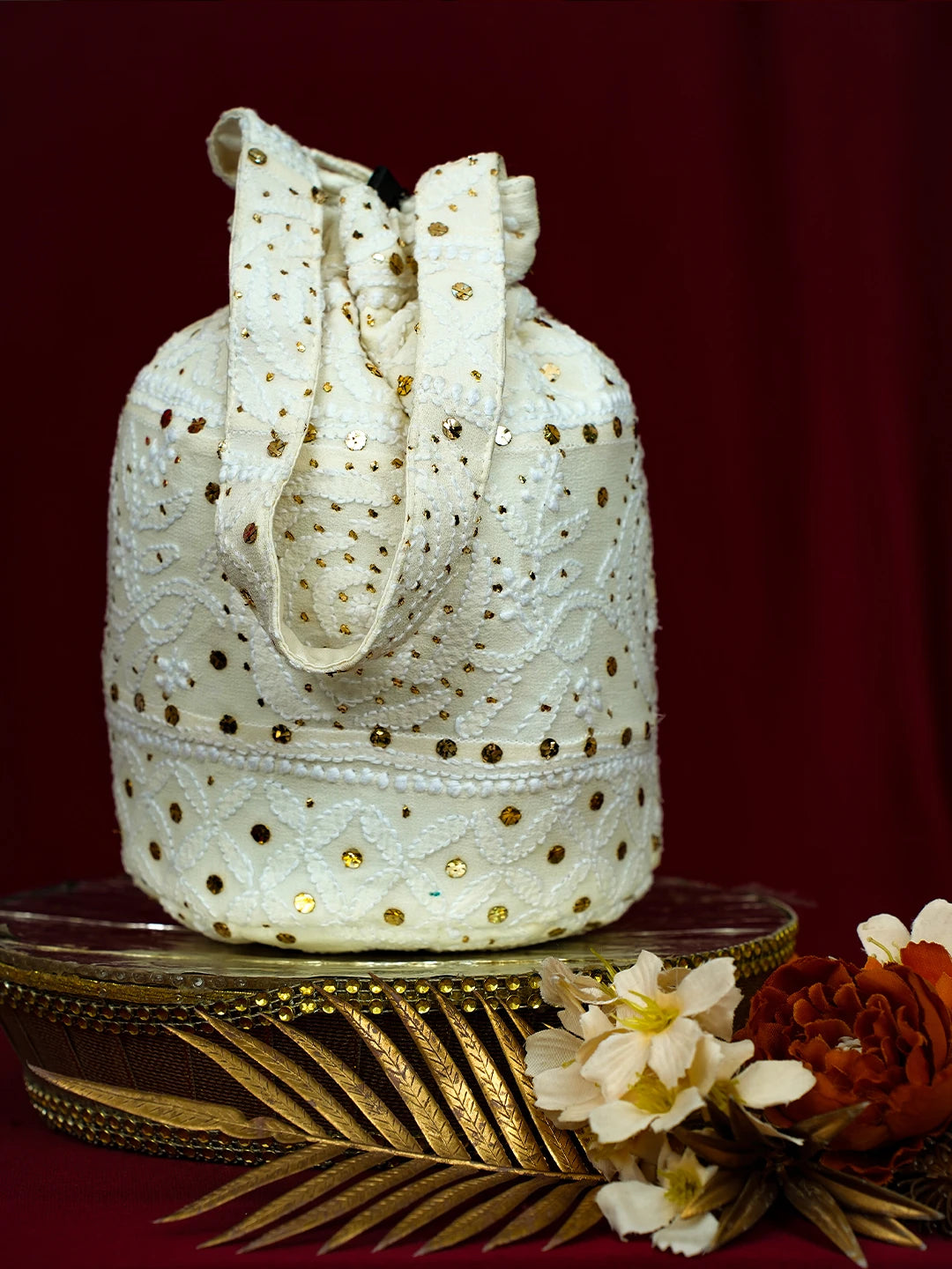 Ada Hand Embroidered White Viscose Georgette Lucknowi Chikankari Potli Bag With Mukaish Work 01A728859
