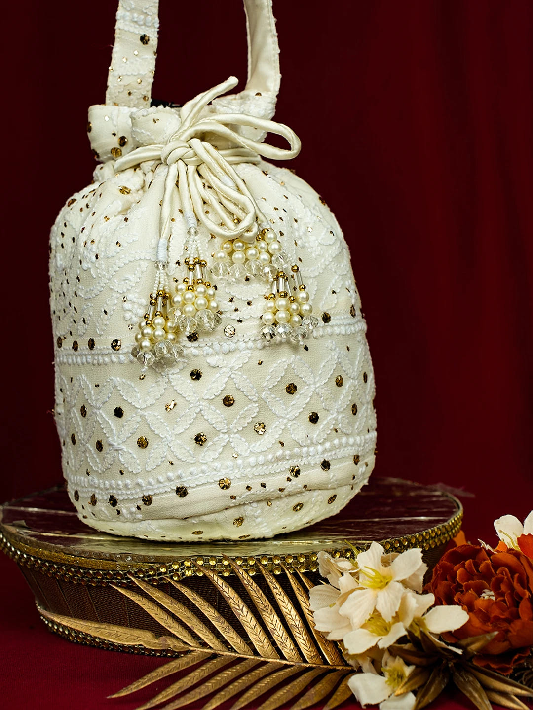 Ada Hand Embroidered White Viscose Georgette Lucknowi Chikankari Potli Bag With Mukaish Work 01A728859