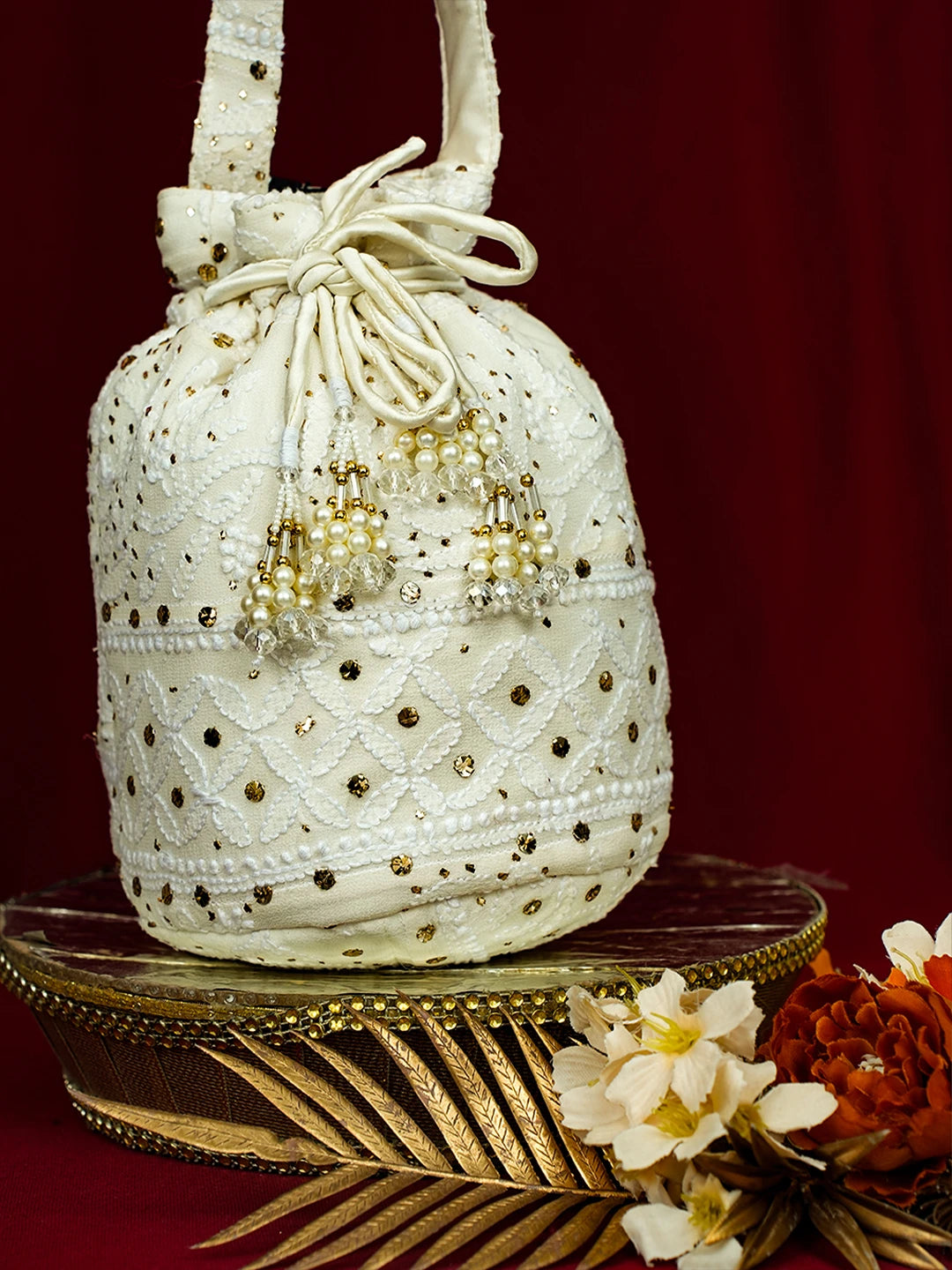 Ada Hand Embroidered White Viscose Georgette Lucknowi Chikankari Potli Bag With Mukaish Work 01A728859