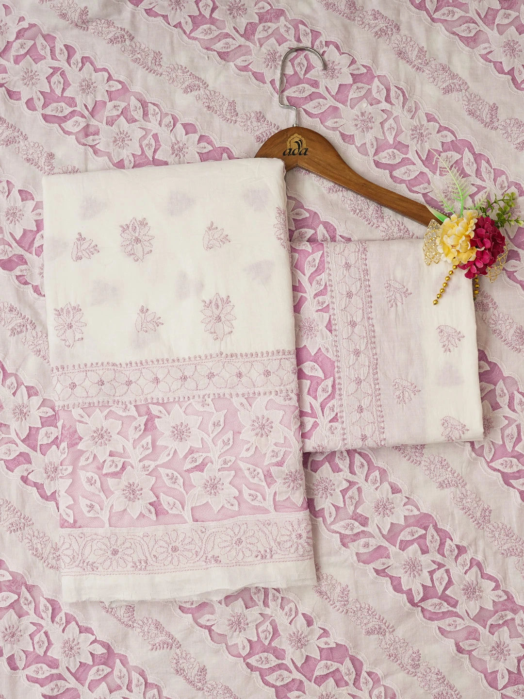 Ada Hand Embroidered White Cotton Lucknowi Chikankari Unstitched Suit Piece 01A735857