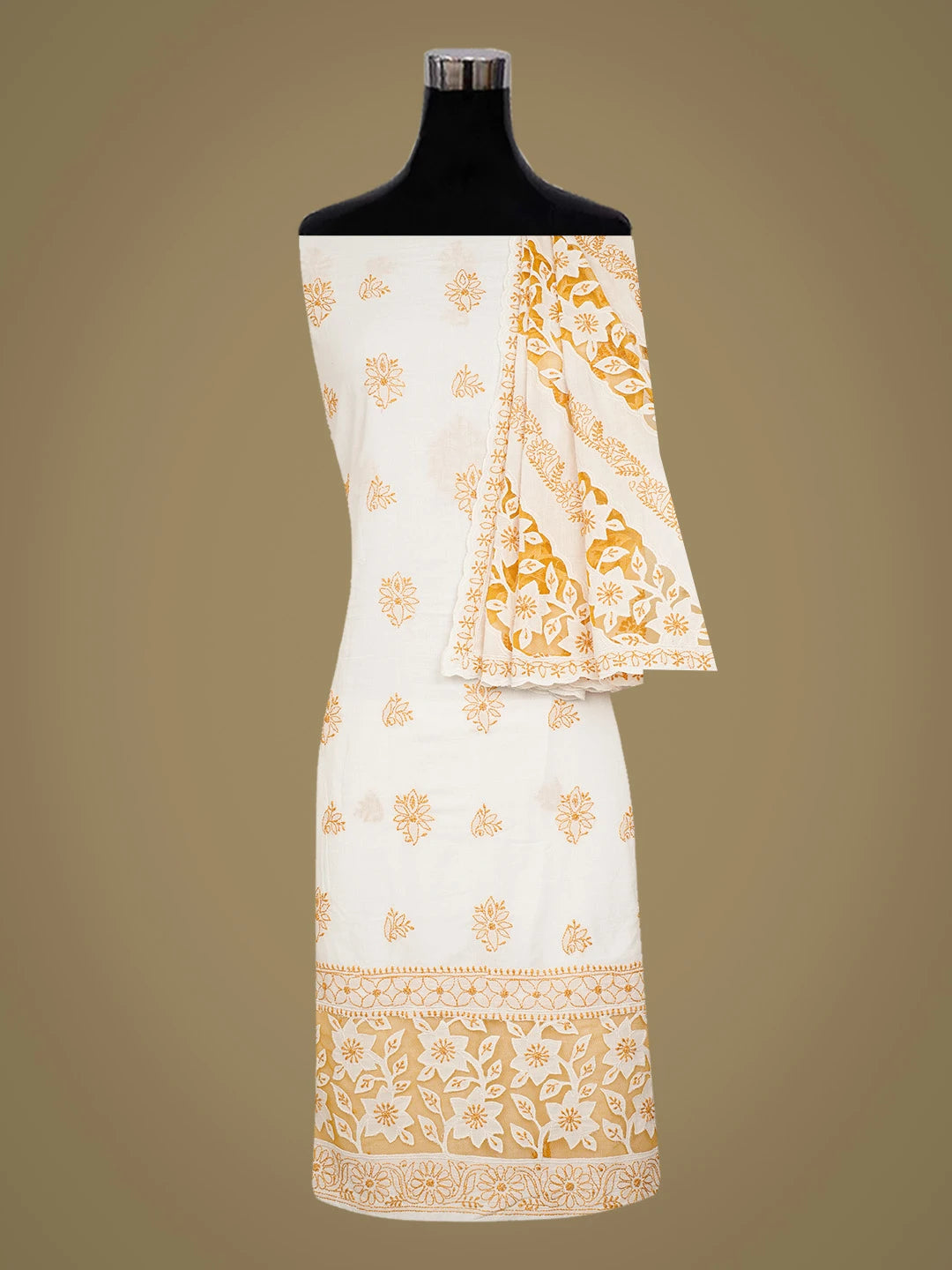 Ada Hand Embroidered White Cotton Lucknowi Chikankari Unstitched Suit Piece 01A735861