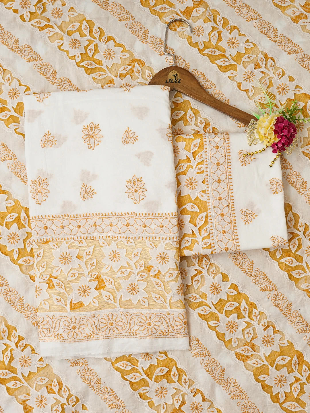 Ada Hand Embroidered White Cotton Lucknowi Chikankari Unstitched Suit Piece 01A735861