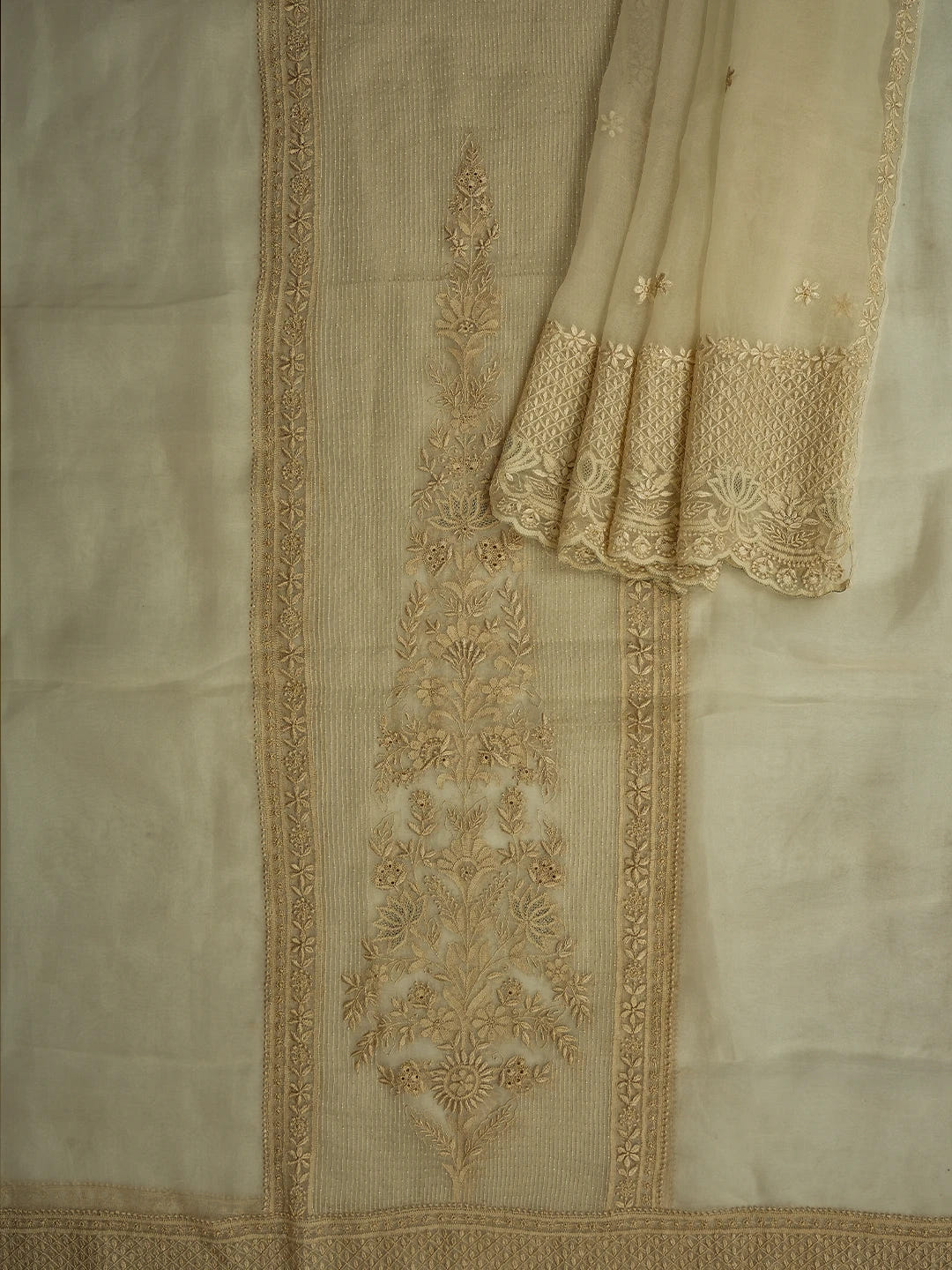 Ada Hand Embroidered Isabelline White Organza Lucknowi Chikankari Unstitched Kurta Dupatta Set With Pearl Work 01A689427