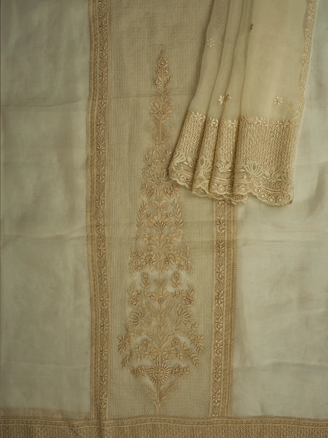 Ada Hand Embroidered Isabelline White Organza Lucknowi Chikankari Unstitched Kurta Dupatta Set With Pearl Work 01A689427
