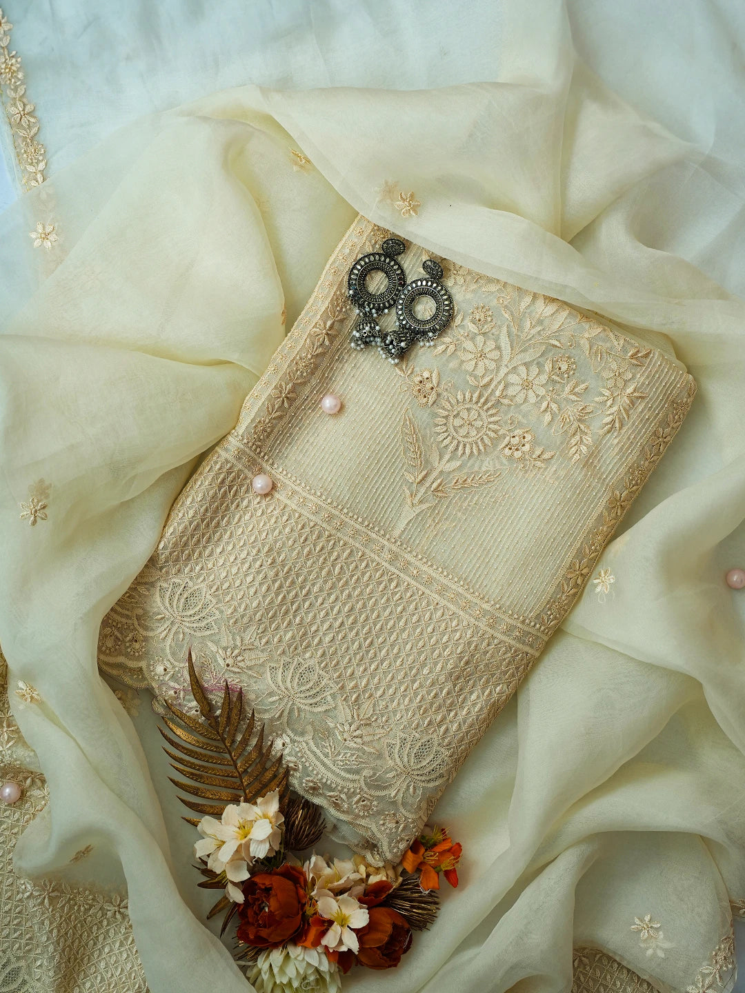 Ada Hand Embroidered Isabelline White Organza Lucknowi Chikankari Unstitched Kurta Dupatta Set With Pearl Work 01A689427