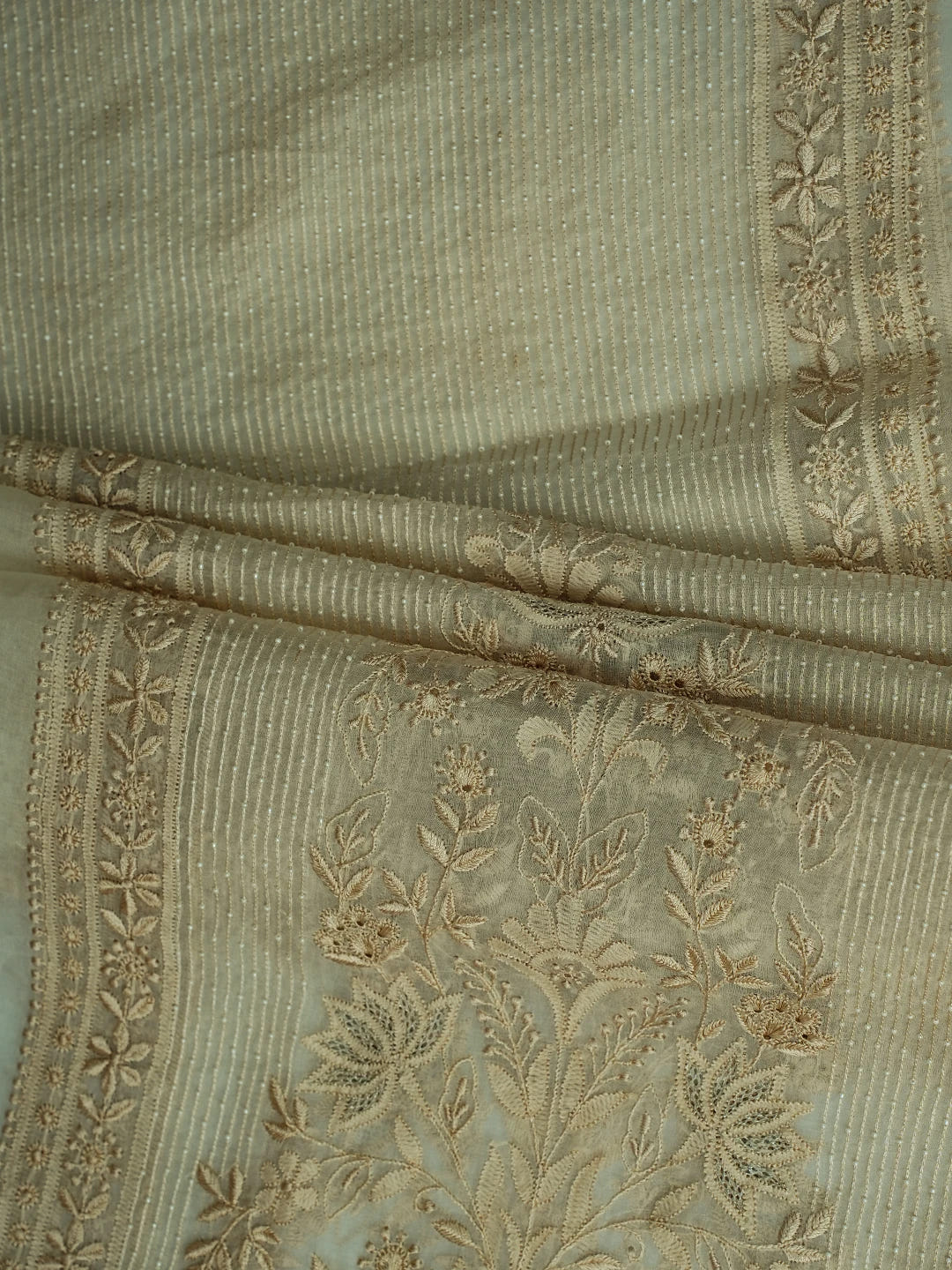 Ada Hand Embroidered Isabelline White Organza Lucknowi Chikankari Unstitched Kurta Dupatta Set With Pearl Work 01A689427