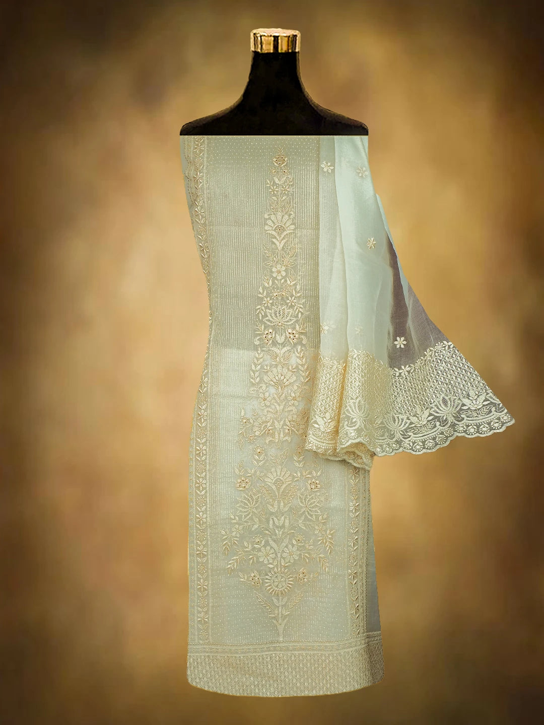 Ada Hand Embroidered Isabelline White Organza Lucknowi Chikankari Unstitched Kurta Dupatta Set With Pearl Work 01A689427