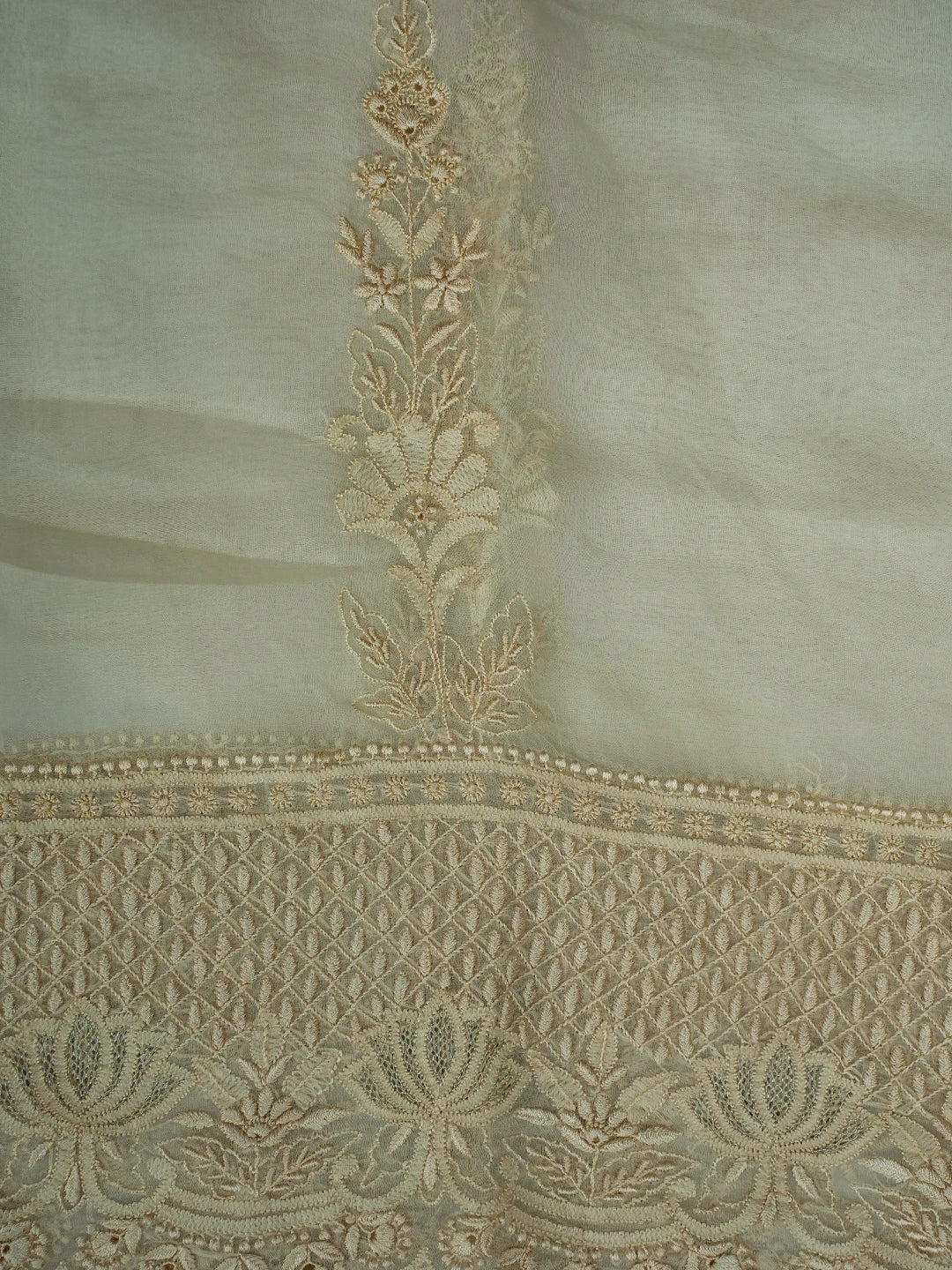Ada Hand Embroidered Isabelline White Organza Lucknowi Chikankari Unstitched Kurta Dupatta Set With Pearl Work 01A689427