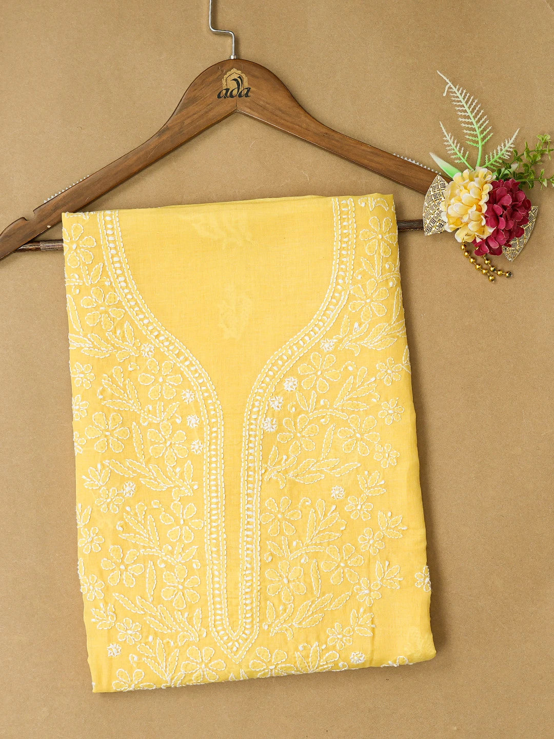 Ada Hand Embroidered Yellow Cotton Lucknowi Chikankari Unstitched Kurta Piece 01A724759
