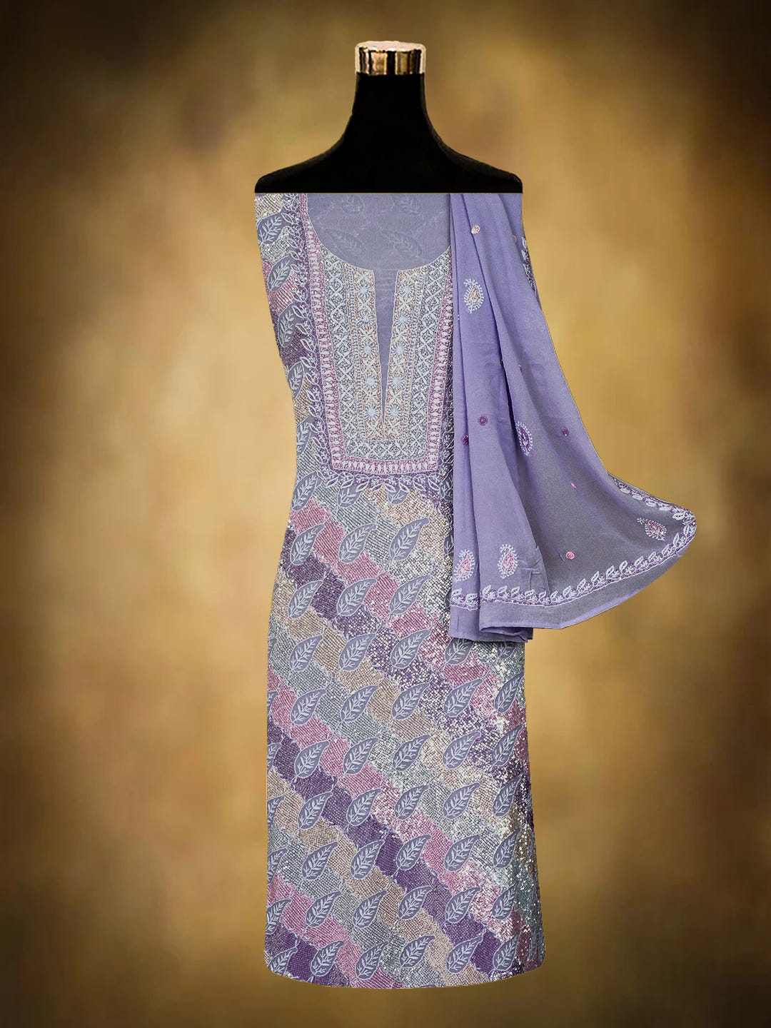 Ada Hand Embroidered Mauve Pure Georgette Lucknowi Chikankari Unstitched Kurta Dupatta Set With Sequinned Work 01A635927