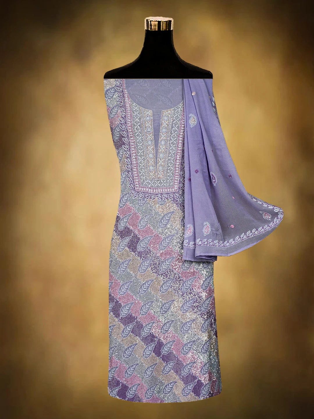 Ada Hand Embroidered Mauve Pure Georgette Lucknowi Chikankari Unstitched Kurta Dupatta Set With Sequinned Work 01A635927