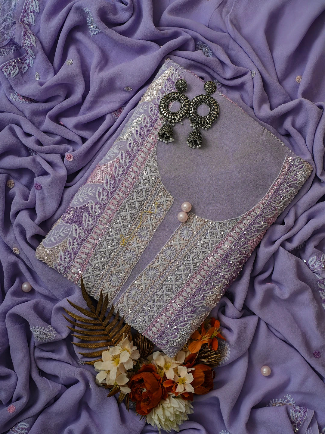 Ada Hand Embroidered Mauve Pure Georgette Lucknowi Chikankari Unstitched Kurta Dupatta Set With Sequinned Work 01A635927