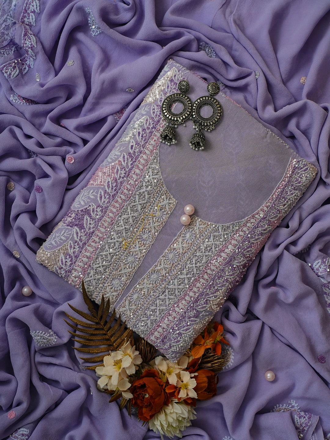 Ada Hand Embroidered Mauve Pure Georgette Lucknowi Chikankari Unstitched Kurta Dupatta Set With Sequinned Work 01A635927