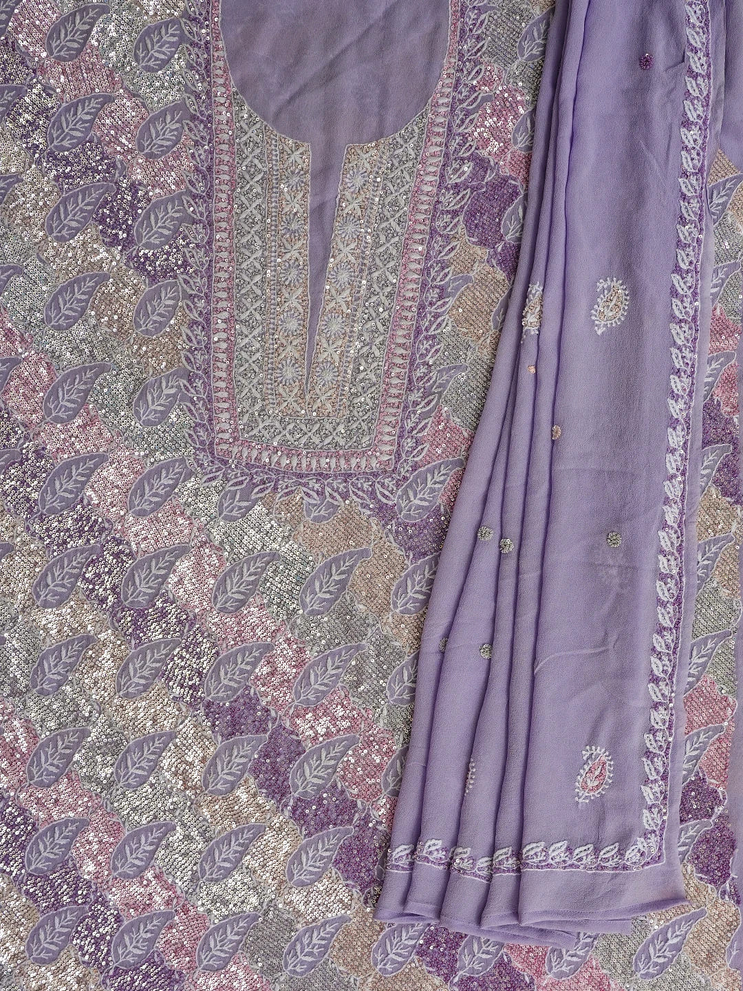 Ada Hand Embroidered Mauve Pure Georgette Lucknowi Chikankari Unstitched Kurta Dupatta Set With Sequinned Work 01A635927