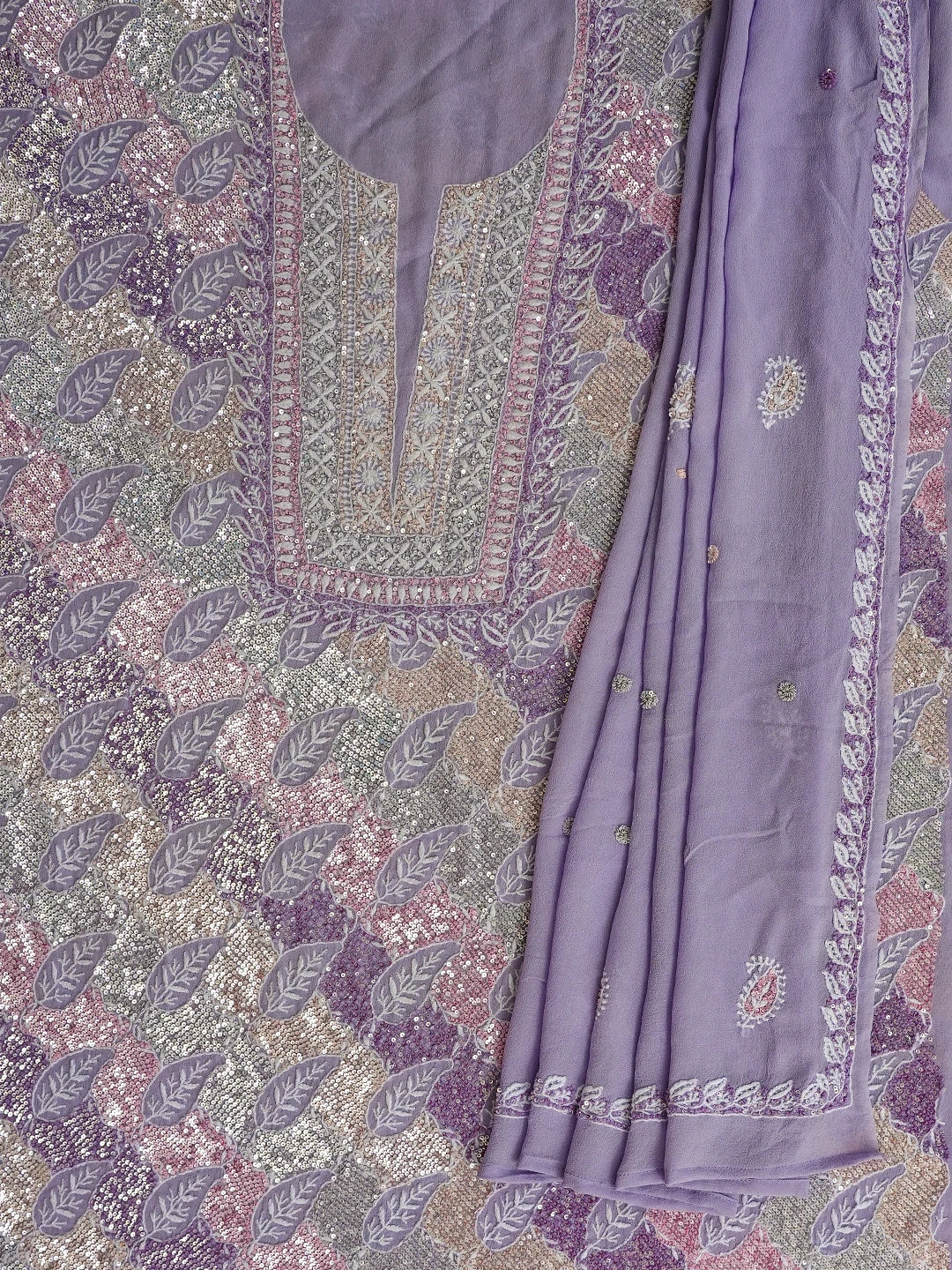 Ada Hand Embroidered Mauve Pure Georgette Lucknowi Chikankari Unstitched Kurta Dupatta Set With Sequinned Work 01A635927