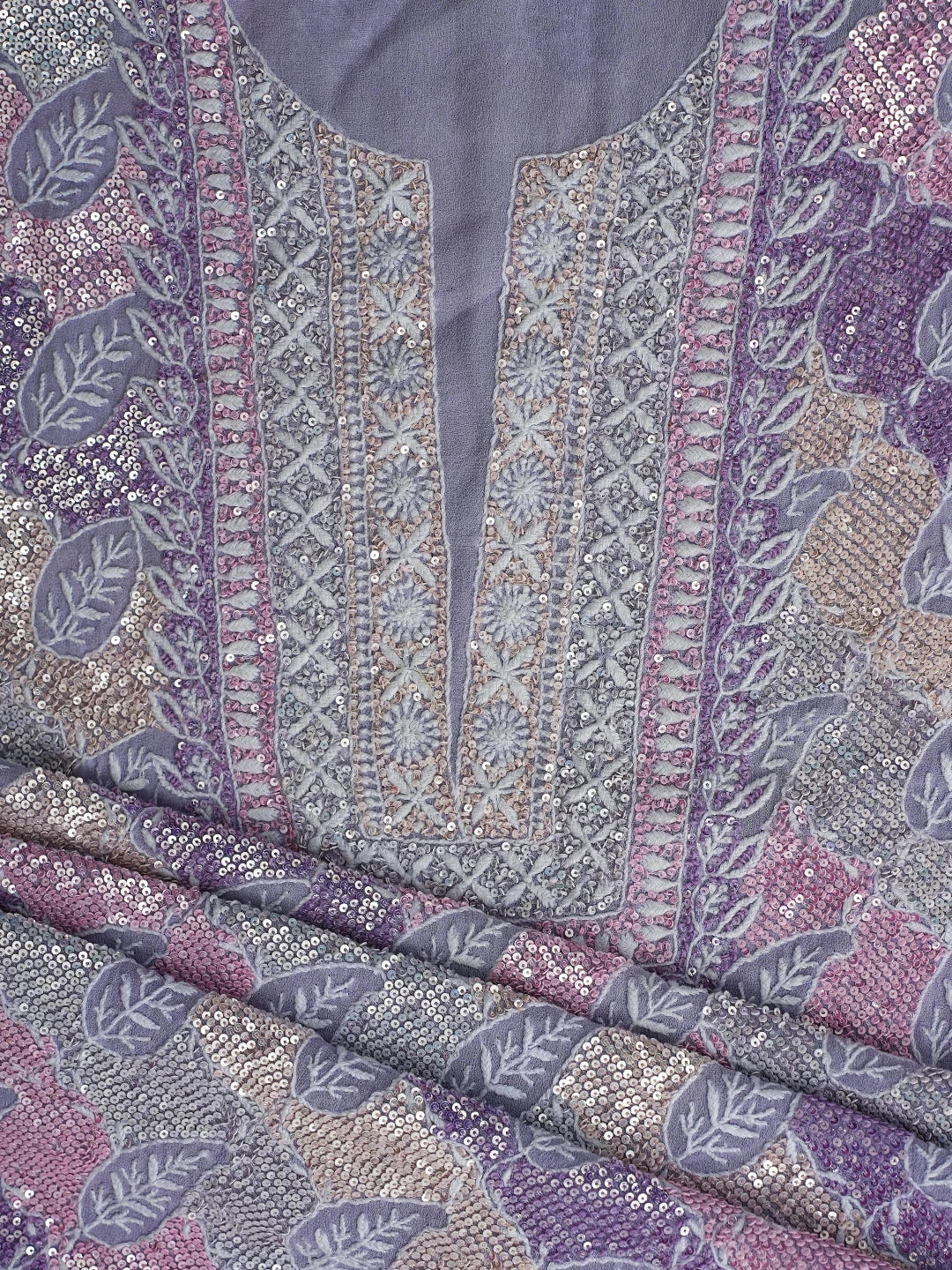 Ada Hand Embroidered Mauve Pure Georgette Lucknowi Chikankari Unstitched Kurta Dupatta Set With Sequinned Work 01A635927