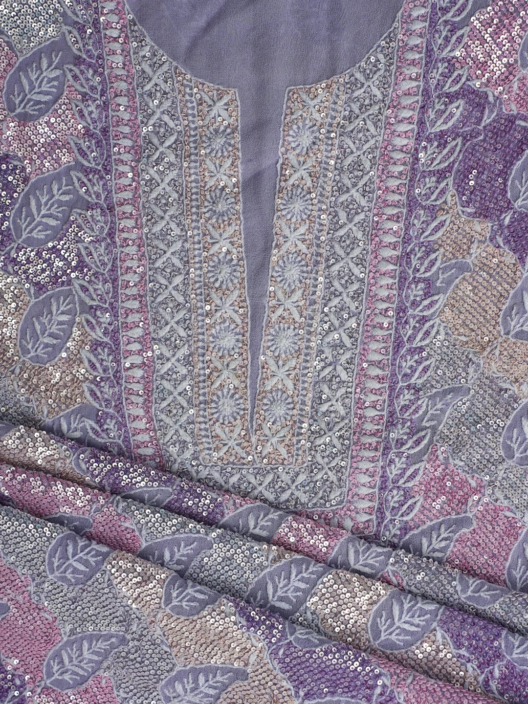 Ada Hand Embroidered Mauve Pure Georgette Lucknowi Chikankari Unstitched Kurta Dupatta Set With Sequinned Work 01A635927