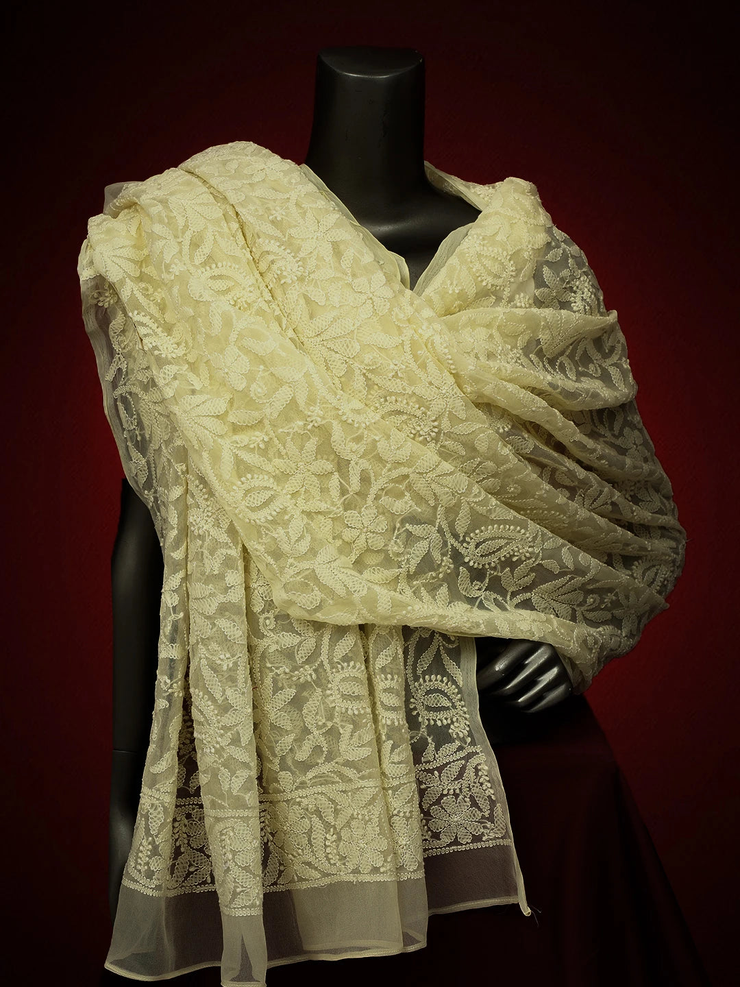 Ada Hand Embroidered Light Lemon Georgette Lucknowi Chikankari Dupatta 01A374560
