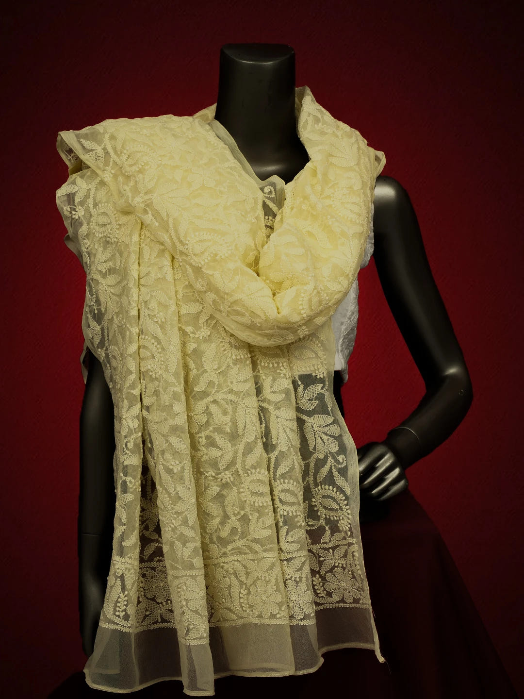Ada Hand Embroidered Light Lemon Georgette Lucknowi Chikankari Dupatta 01A374560