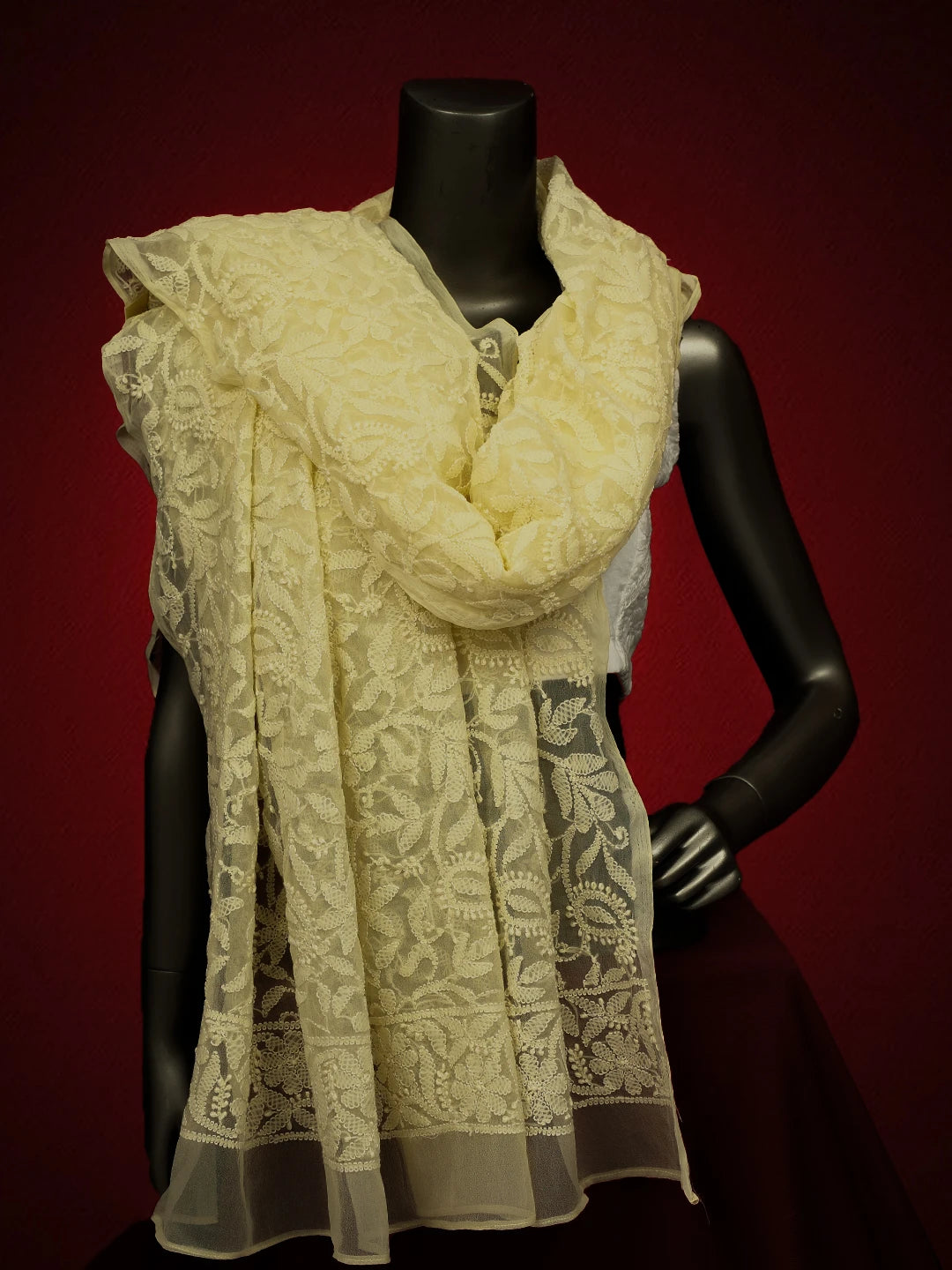 Ada Hand Embroidered Light Lemon Georgette Lucknowi Chikankari Dupatta 01A374560