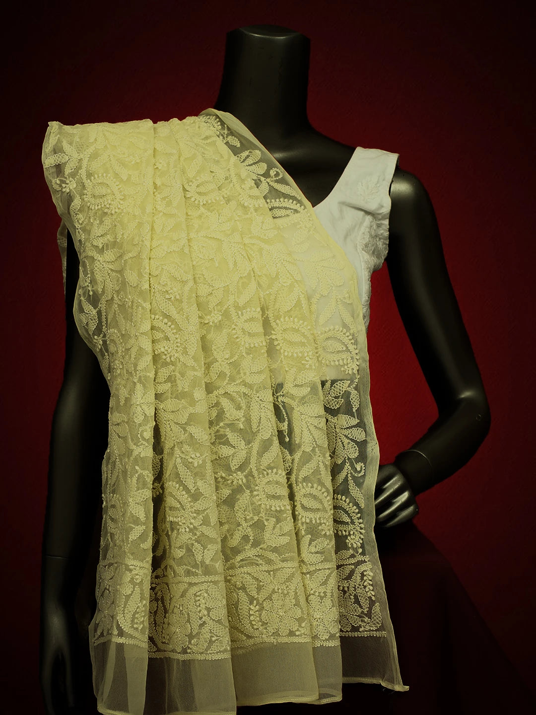 Ada Hand Embroidered Light Lemon Georgette Lucknowi Chikankari Dupatta 01A374560