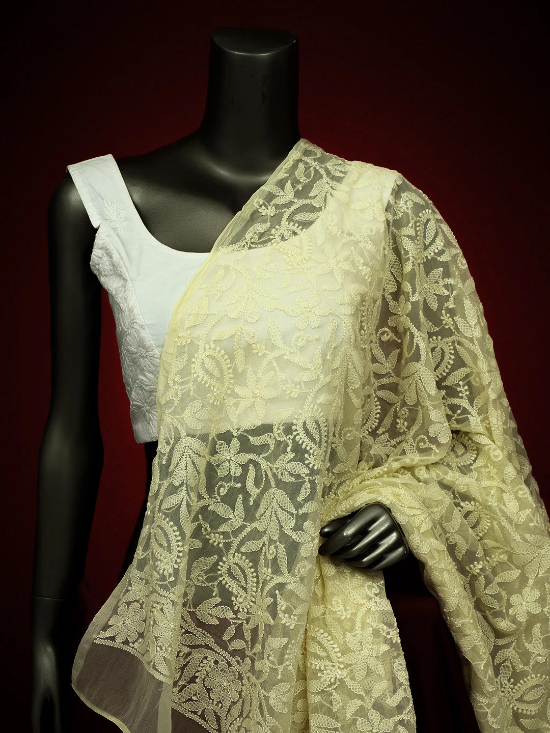 Ada Hand Embroidered Light Lemon Georgette Lucknowi Chikankari Dupatta 01A374560