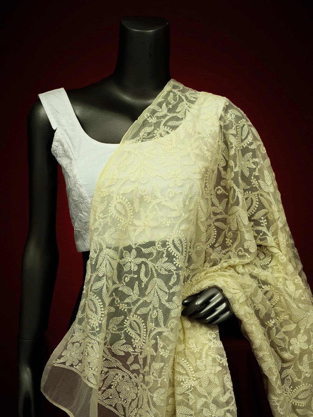 Ada Hand Embroidered Light Lemon Georgette Lucknowi Chikankari Dupatta 01A374560
