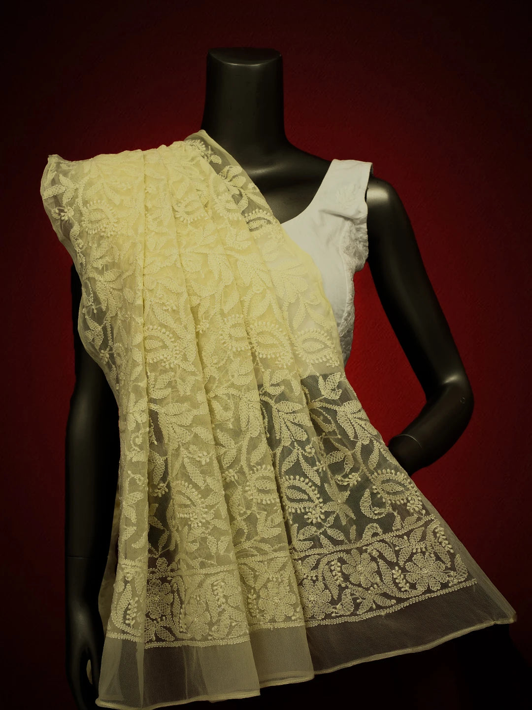 Ada Hand Embroidered Light Lemon Georgette Lucknowi Chikankari Dupatta 01A374560