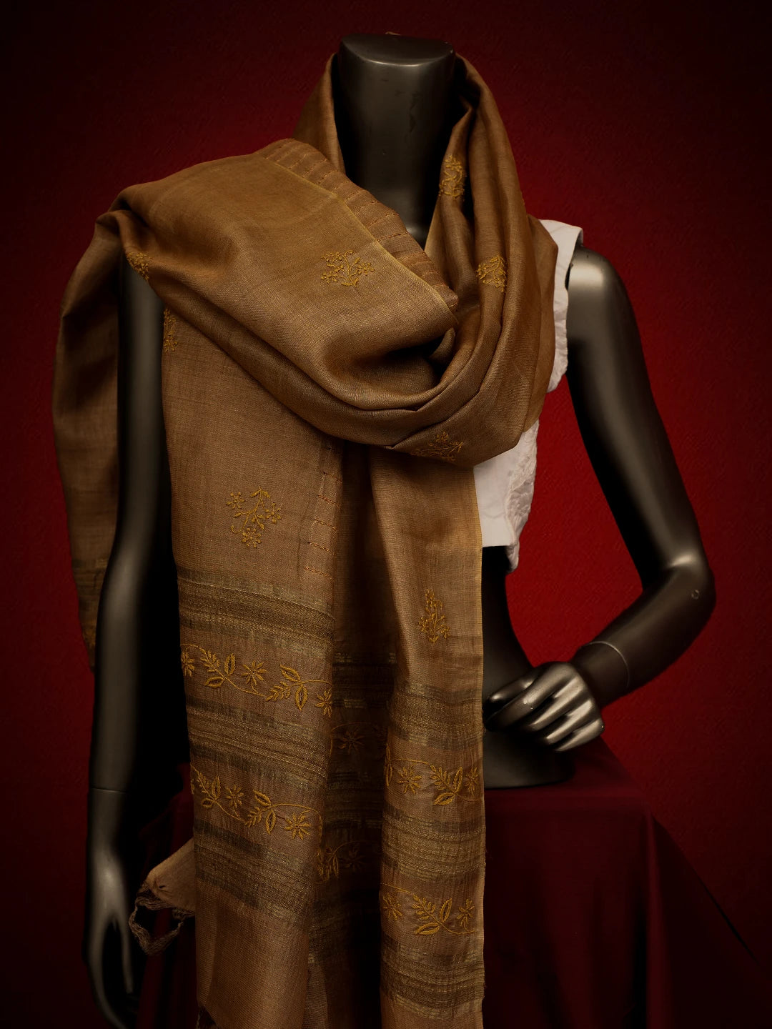 Ada Hand Embroidered Brown Silk Lucknowi Chikankari Dupatta 01A694060
